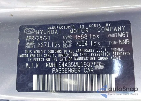 2021 Hyundai Elantra Sel z USA, uszkodzony, nr VIN KMHLS4AG5MU193783